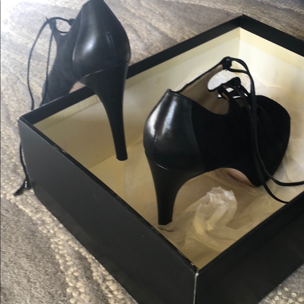 Open-toe, Black suede lace-up 4” platform heels